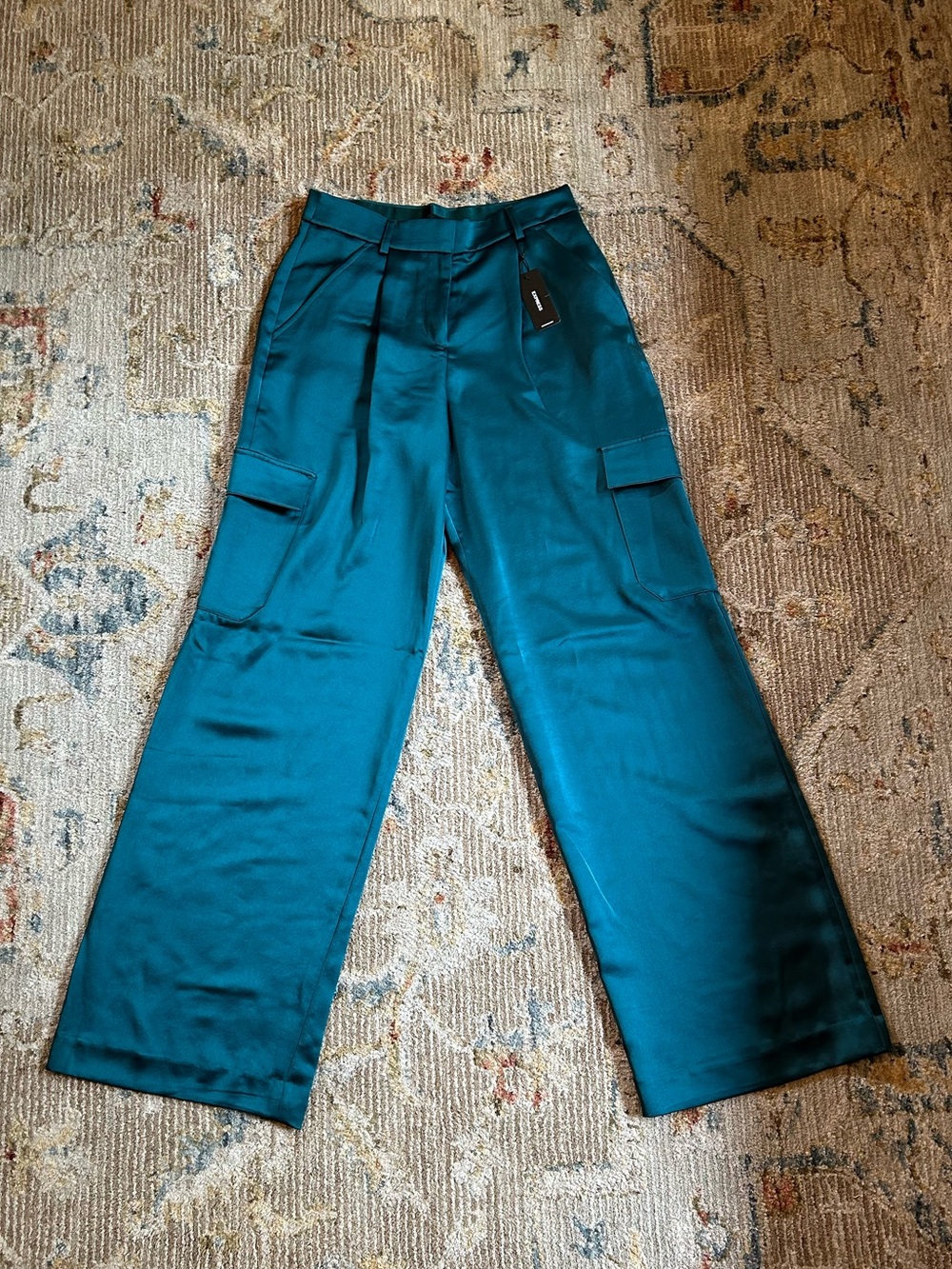 Express Teal Satin-Look High Waist Wide Leg Pants